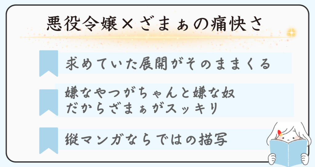 悪役令嬢のおすすめマンガ「ニセモノ聖女は運命を覆す」のおすすめポイントは悪役令嬢とざまぁが好きな人にはぴったりの展開、嫌な奴が嫌な奴だからざまぁが爽快、描写が美しい
